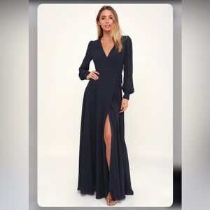 LULU’S My Whole Heart Dark Navy Blue Long Sleeve Wrap Dress